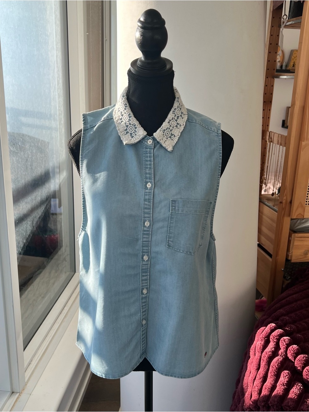 Super Cute! Sleeveless Light Blue Denim Shirt with Lace Collar - Like New